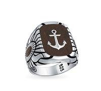 Bling Jewelry Hombres Náutica Grabado Marrón De Madera Inset Gran Ancla Barco Signet Anillo Para Hombres Sólido .925 De Plata Esterlina Hecha En Turquía