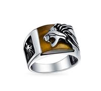 Bling Jewelry Hombres Piedra Preciosa Grande Rugiente Marrón Ojo De Tigre León Cabeza Anillo Para Hombres Sólido Oxidado .925 Plata Esterlina Hecho A Mano En Turquía