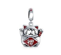 Bling Jewelry Japonés Maneki Neko Gato De La Suerte Buena Fortuna Colgante Abalorio Para Mujer Esmalte Rojo .925 Plata De Ley Se Adapta A Pulsera Europea