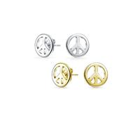 Bling Jewelry Juego de dos pequeños y delicados aretes de botón redondos con símbolo de paz mundial para mujeres y adolescentes, chapados en oro y plata de ley .925.