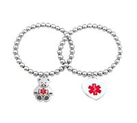 Bling Jewelry Juego de dos pulseras elásticas de identificación médica en blanco, con dije de oso y corazón, grabables para mujeres, adolescentes, acero inoxidable