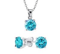 Bling Jewelry Juego de Pendientes y Colgante Delicado Simple de 2CT Redondo AAA CZ Solitario Corte Brillante Azul Londres para Mujeres y Adolescentes Simulado Topacio .925 Plata de Ley