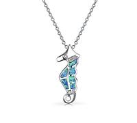 Bling Jewelry Mar De Animales Náuticos De Vacaciones De Playa Con Incrustaciones De Ópalo Azul Creado Caballito De Mar Collar Colgante Para Mujeres Adolescentes .925 Plata Esterlina