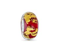 Bling Jewelry Murano Glass .925 Sterling Silver Core Red Translucent Gold Foil Metallic Spacer Charm Bead Fits European Bracelet For Women Teen