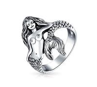 Bling Jewelry Náutica Vida Marina Tropical Playa Ninfa Sirena Anillo Para Mujer Oxidado .925 Plata De Ley 2Mm Banda