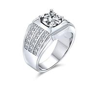Bling Jewelry Personaliza Anillo de Compromiso para Hombre con Piedra Preciosa AAA Circonita Cúbica 3 Filas Pavé Banda Ancha 3CT AAA CZ Solitario Declaración Plateado Personalizable
