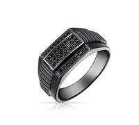 Bling Jewelry Personaliza Anillo de Declaración para Hombre con Micro Rectángulo Geométrico Negro CZ Circonita Cúbica. Anillo de Campeonato de Sello para Hombre de Plata de Ley .925 Personalizable.