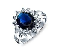 Bling Jewelry Personaliza Clásico Tradicional 5CTW Azul Real CZ Corona Halo Óvalo Circón Cúbico Simulado Zafiro Anillo de Compromiso para Mujer Promesa .925 Plata de Ley Personalizable