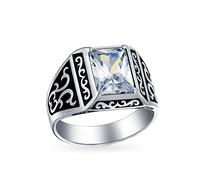 Bling Jewelry Personaliza El Anillo De Compromiso De Corte Esmeralda Con Circonia Cúbica Aaa CZ Para Hombres En Dos Tonos Oxidados De Plata .925 Hecho A Mano En Turquía Y Personalizable