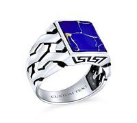 Bling Jewelry Personalizada Cubana Curb Link Chain Band Azul Creado Lapislázuli Rectángulo Signet Anillo Para Hombres .925 Plata De Ley Grabado A Medida