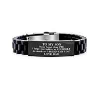 Bling Jewelry Personalizado A Mi Hijo Coraje Inspirador Pulsera De Identificación Para Hijo Nieto Hijastro Negro De Acero Inoxidable Trim-To-Fit Ajustable De Silicona De Goma Comfort Fit Pulsera