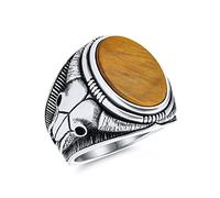Bling Jewelry Personalizado Signet Brown Tiger Eye Oval Gemstone Western Texas Longhorn Buffalo Cow Skull Antelope Goat Skull Men’S Ring Plata De Ley 925 Hecha En Turquía Personalizable