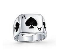 Bling Jewelry Personalizar Good Luck Gambler Las Vegas Lucky Casino Playing Card Black Ace Of Spade Anillo Para Hombres Jugador De Póquer Dos Tonos Oxidado .925 Plata De Ley Personalizable