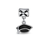 Bling Jewelry Personalizar Ovalado Engravable Graduate Trencher Negro Gorra De Graduación Dangle Bead Charm For Women Teen Student Oxidized Enamel .925 Sterling Silver Fits European Bracelet