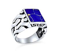 Bling Jewelry Piedras Preciosas Cubana Curb Link Cadena De La Banda Azul Creado Lapislázuli Rectángulo Signet Anillo Para Hombre .925 Plata De Ley Hecho A Mano En Turquía