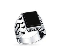 Bling Jewelry Piedras Preciosas Cubanas Curb Link Cadena Banda Negro Onyx Rectángulo Signet Anillo Para Hombres .925 Plata De Ley Hecho A Mano En Turquía