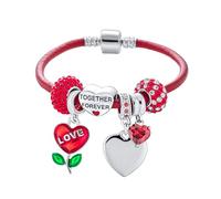 Bling Jewelry Pulsera De Abalorios Europea De Amor Aniversario Relación Corazón San Valentín De Cuero Rojo Genuino Para Mujeres De Plata Esterlina