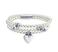 Bling Jewelry Pulsera de cuero trenzado blanco de triple hebra para mujer con dijes de corazón colgantes - Regalo de acero inoxidable para novia