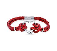 Bling Jewelry Pulsera de cuero trenzado delgado de múltiples hebras con corazón abierto tejido rojo para mujer tono plateado para novia