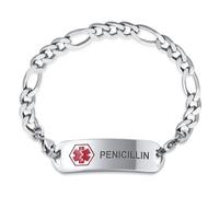 Bling Jewelry Pulsera De Eslabones Figaro De Identificación Médica De Penicilina Para Hombres De 8.5 Pulgadas, Acero Inoxidable, Grabado Personalizado