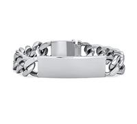 Bling Jewelry Pulsera de Identificación para Hombre con Barra de Nombre Personalizable Grabable, Cadena de Eslabones Curb, Tono Plateado, Acero Inoxidable