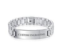 Bling Jewelry Pulsera de Identificación Personalizable con Nombre para Hombre, Tono Plateado de Acero Inoxidable de 8 Pulgadas