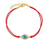 Bling Jewelry Pulsera Minimalista Delicada de Ojo Turco Azul con Hilo Rojo para Mujeres y Adolescentes con Acento de CZ, Chapada en Oro de 14K, Plata de Ley .925