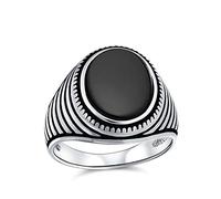 Bling Jewelry Retro Acanalado Raya Estilo Grabado Banda De Ónix Negro Cuadrado Anillo De Sello Para Los Hombres Pesados .925 Plata Esterlina Hecha A Mano En Turquía