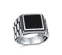 Bling Jewelry Retro Estilo De La Banda De Grabado Al Agua Fuerte Negro Onyx Anillo De Sello Cuadrado Para Los Hombres Pesados .925 Plata Esterlina Hecha A Mano En Turquía