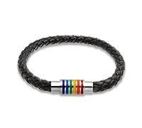 Bling Jewelry Striped Rainbow Flag Black Braided Pu Leather Lgbtq Bracelet Woven Bangle Bracelet For Men For Women Stainless Magnetic Cierres 8 Pulgadas