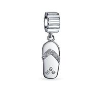 Bling Jewelry Tropical Beach Honeymoon Vacaciones Flip Flop Sandalia Charm Bead Para Mujer Para Adolescente CZ Accent .925 Sterling Silver Fits Pulsera Europea