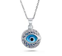 Bling Jewelry Turco Espiritual Protección Amuleto Ronda Círculo Flotante Aqua Nazar Azul Mal De Ojo Filigrana Encanto Collar Para Mujeres Para Adolescentes .925 Plata De Ley