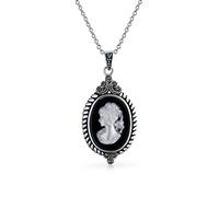 Bling Jewelry Vintage Estate Estilo Negro Madreperla Concha Blanca Tallada Victoriana Señora Retrato Cameo Collar Colgante Para Mujer Marcasita Marco Oxidado .925 Plata De Ley