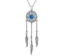 Bling Jewelry Western Boho Turquesa Acento Indio Americano Multi Plumas Hoja Dream Catcher Collar Colgante Para Mujeres Adolescentes Oxidado .925 Plata De Ley