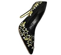 Bling Rhinestone Gold Silver Flower Embroidery Blade Heel Pumps High Heels Crystal Black Suede Pointed Toe Woman Shoes(Gold,39)