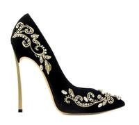 Bling Rhinestone Gold Silver Flower Embroidery Blade Heel Pumps High Heels Crystal Black Suede Pointed Toe Woman Shoes(Gold Metal Heel,42)