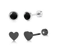 BLISI 2 pares de aretes de titanio con ónix negro y corazón negro, aretes de tuerca negros para hombres y mujeres, hipoalergénicos, modernos ideales para uso diario, fiestas y regalos