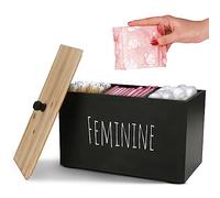 Bliss by Home Soporte para tampones para baño, caja contenedor de madera femenina, organizador de productos para mujeres, decoración de granja, caja de almacenamiento de almohadillas, accesorios