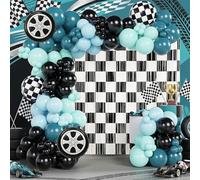 BlissBash Kit de 132 guirnaldas de arco de globos de coche de carreras con globos de rueda a cuadros azul polvoriento, verde azulado, negro, cortina de flecos a cuadros para dos decoraciones de