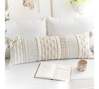 BlissBlush Funda de Almohada Lumbar Bohemia Blanca y Crema de 14 x 36 Pulgadas, Funda de Almohada Corporal Neutral, Funda de Almohada Lumbar Tejida Bohemia con Textura, Almohada para sofá, Cama,