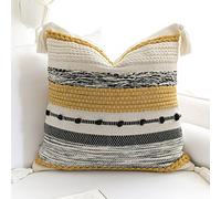 BlissBlush Funda de Cojín Decorativo Mostaza Amarilla 20x20 Cuadrada Estilo Bohemio con Borlas Estilo Granja para Sofá Dormitorio Sala de Estar Decoración del Hogar SOLO FUNDA