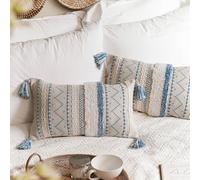 BlissBlush - Juego de 2 fundas de almohada decorativas azules para la zona lumbar, 12 x 20 pulgadas, rectangulares, con acento bohemio costero, p