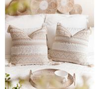 BlissBlush - Juego de 2 fundas de almohada decorativas de 20 x 20 pulgadas, cuadradas, en crema, neutras, blancas, con borlas, estilo bohemio