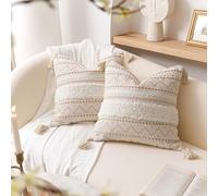 BlissBlush Juego de 2 Fundas de Almohada Decorativas de 45.7 x 45.7 cm, cuadradas, Color Crema y Blanco Neutro, Bohemias, con borlas, para sofá, Dormitorio, Sala de Estar, decoración del hogar