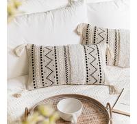 BlissBlush - Juego de 2 fundas de almohada decorativas para la zona lumbar (12 x 20 cm), rectangulares, estilo bohemio, color negro neutro, para