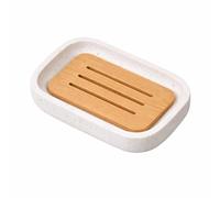 Blissilk Jabonera Baño de Resina con Madera de Nogal - Jabonera Ducha y Cocina con Diseño Piedra, Organizador Baño Antideslizante y Drenaje, Soporte para Jabón Sólido - Blanco
