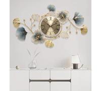 Blissio Reloj de Pared para decoración de salón, Reloj de Pared Grande, diseño Creativo de Metal con Hoja de Ginkgo 3D, con Movimiento silencioso (Azul y Oro-Roma, 82 cm)