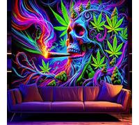 BlissYard Blacklight - Tapiz de hojas de marihuana reactivo a los rayos UV, diseño de calavera ahumada, luz negra, neón, psicodélico, teñido anudado, 59 x 78 pulgadas
