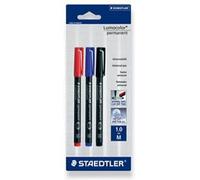 Staedtler Lumocolor Permanent 317 BK3D - Blister con 3 Rotuladores permanentes punta M de 1 mm aprox. colores negro, azul y rojo
