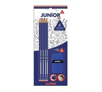 Blister de 6 lápices de grafito Junior tri con duo sharpener | Mina HB con alta resistencia a la rotura | Duo sharpener con goma y sacapuntas doble con depósito incorporado.
